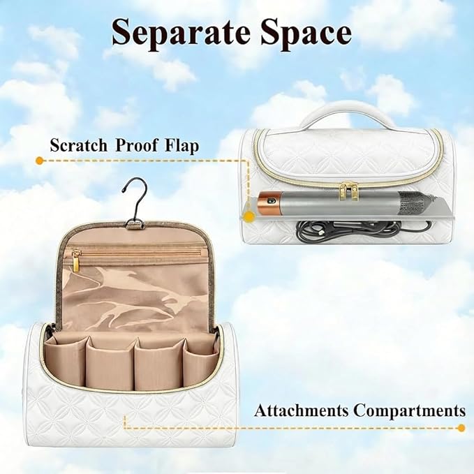 Mancro Padded Travel Case Compatible with Dyson Airwrap Complete Styler and Attachments, Portable Storage Bag with Metal Hanging Hook for Airwrap All Models, Long Barrel, White