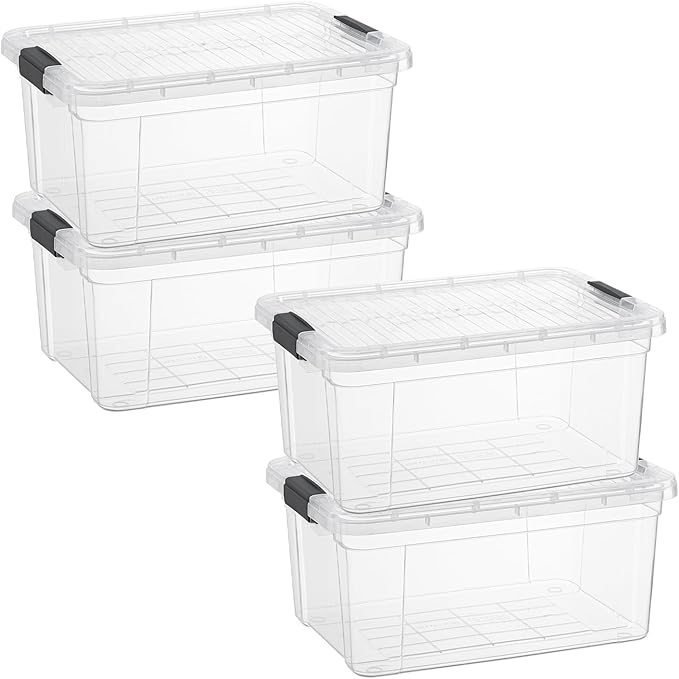 Superio Small Storage Bins with Lids - Clear Boxes for Organizing, Stackable Plastic Containers - BPA Free, Non-Toxic, Odor Free, Organizer for Home, Office, Dorm(4 Pack, 11 Qt)