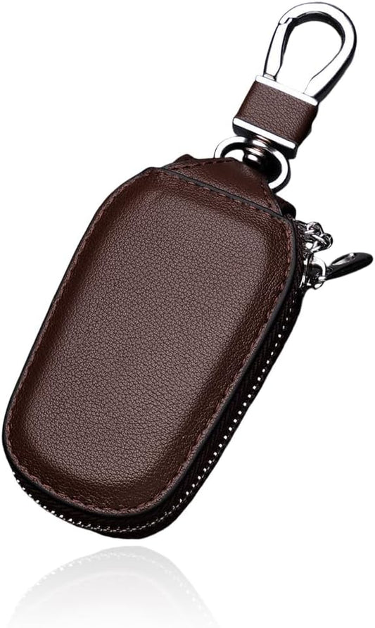 Wevdn Car Key Case, Genuine Leather Auto Smart Key Fob Holder with Metal Hook, Anti Scratch Automotive Key Protector Key Chain Zipper Bag for Remote Key Fob, Car Accessories (Coffee)