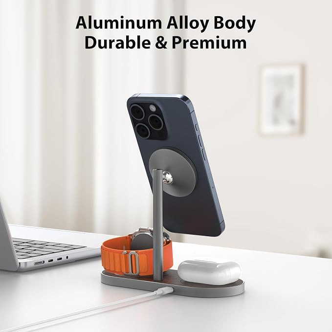 KU XIU X23 PRO Magnetic Wireless Charging Stand, 3-in-1 Charging Station for iPhone 17/16/15/14/13/12 & iPhone Air, 5W for iWatch S11–4/SE/Ultra 3/2/1, AirPods 4/3/2/Pro – Wood Grain