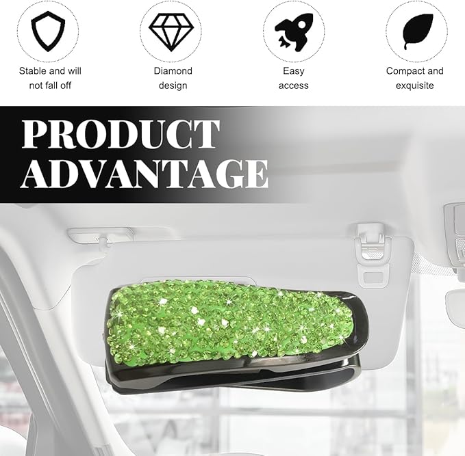 Wevdn 2 PCS Car Sun Visor Glasses Holder, Fashion Bling Car Eyeglasses Sunglasses Hanger for Women Girls, Glasses Holder Clip Hanger Mount with Ticket Card Clip, Car Accessories (Light Green)