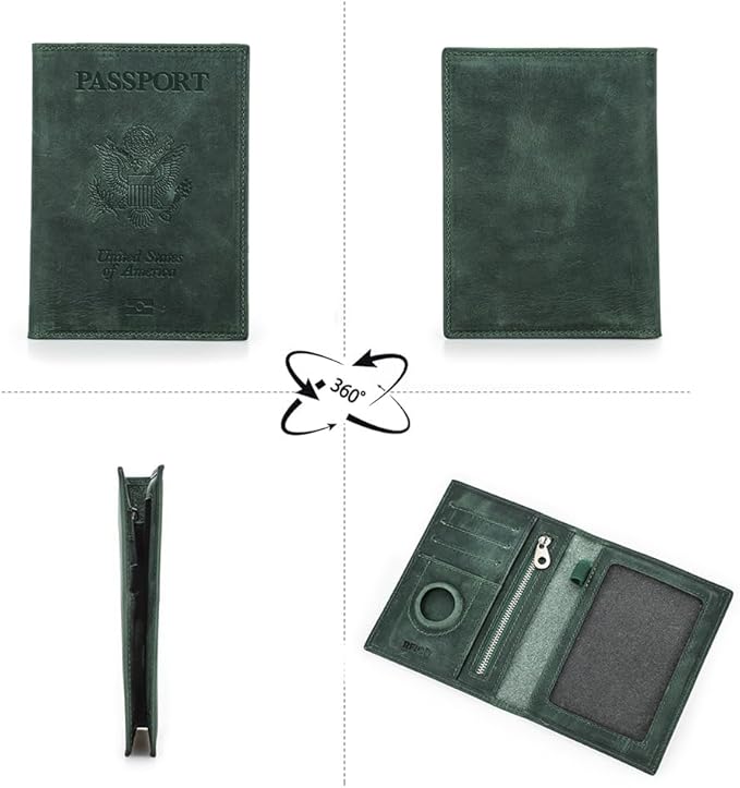 CONTACTS Full Grain Leather Passport Holder RFID Blocking Travel Passport Wallet Compatible with Airtag Passport Cover Case with 4 Card Slots, Coin Pocket (Badge, Green)