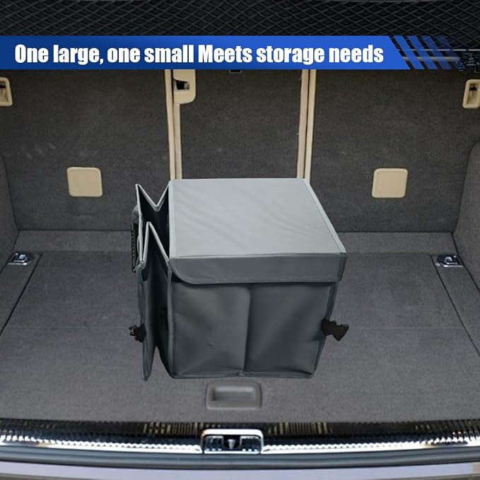 Car Trunk Organizer, Collapsible Multi Compartment Cargo Storage Box with Lid & Reinforced Handles, Adjustable Waterproof Vehicle Storage Organizer Accessories for Car SUV Truck (Gray)
