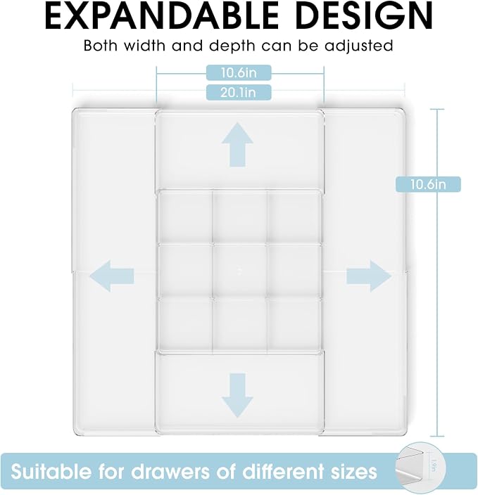 Expandable Drawer Organizer, Width (10.6"-20.1") Depth (11"-20.1"), Clear Makeup Drawer Organizer with 6 Removable Dividers, Silverware Organizer, Great for kitchen and Bathroom Drawers