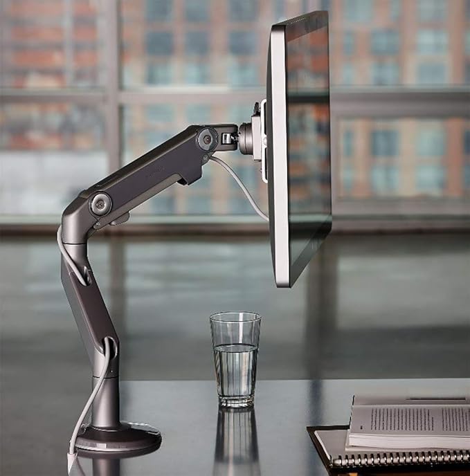 Humanscale M8 Adjustable Articulating Computer Monitor Arm - Both Mounts Clamp and Bolt Through Mount with Base - Black with Black Trim