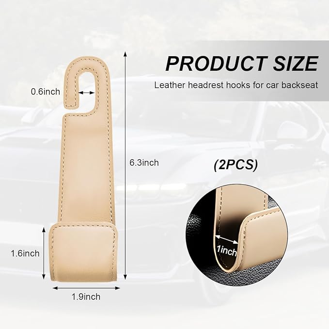 2 PCS Car Seat Headrest Hooks, Microfiber Leather Hanger Holder Hook for Hanging Purse and Bag, Universal Vehicle Back Seat Organizer Hook for Grocery Bag Handbag Coat (Beige)