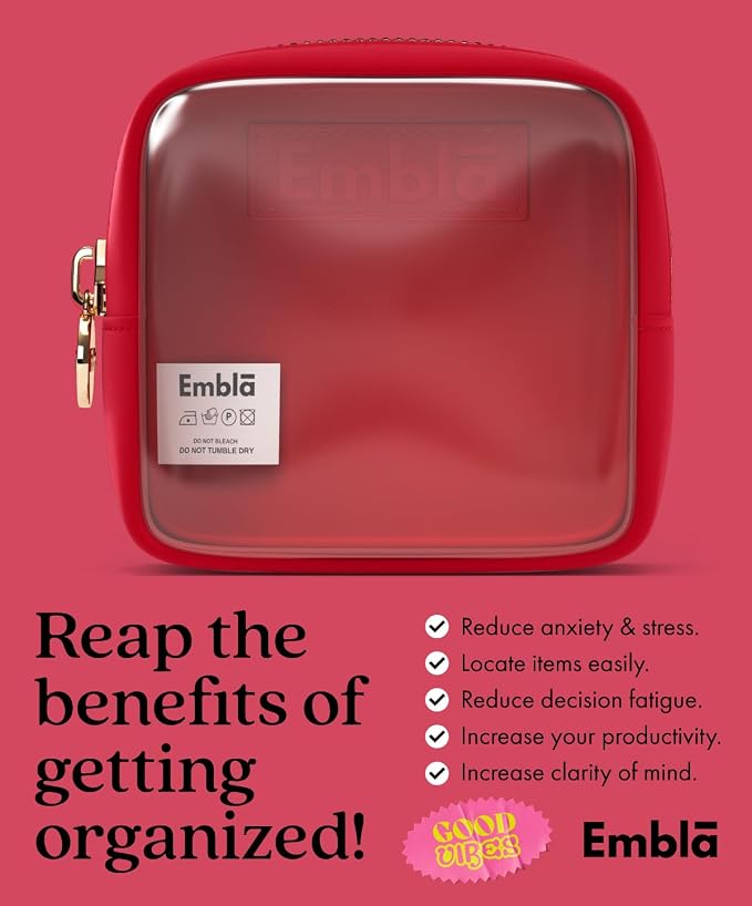 Embla Clear Cosmetic Bag Makeup Case, Clear Zipper Make Up Pouch and Toiletry Travel Tote, Cute Skincare Pouches for Women Girls, Preppy Purse Cosmetic Organizer, Mini Makeup Bags, Ruby Red