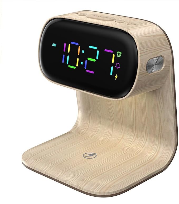 AYI 3in1 Large Color Screen Wireless Charging Station with Alarm Clock & Night Light 15W Fast Charger for Phone & Earbuds 7-Color LED Display Dual Alarm 3Level Dimmable Touch Lamp Wood A40