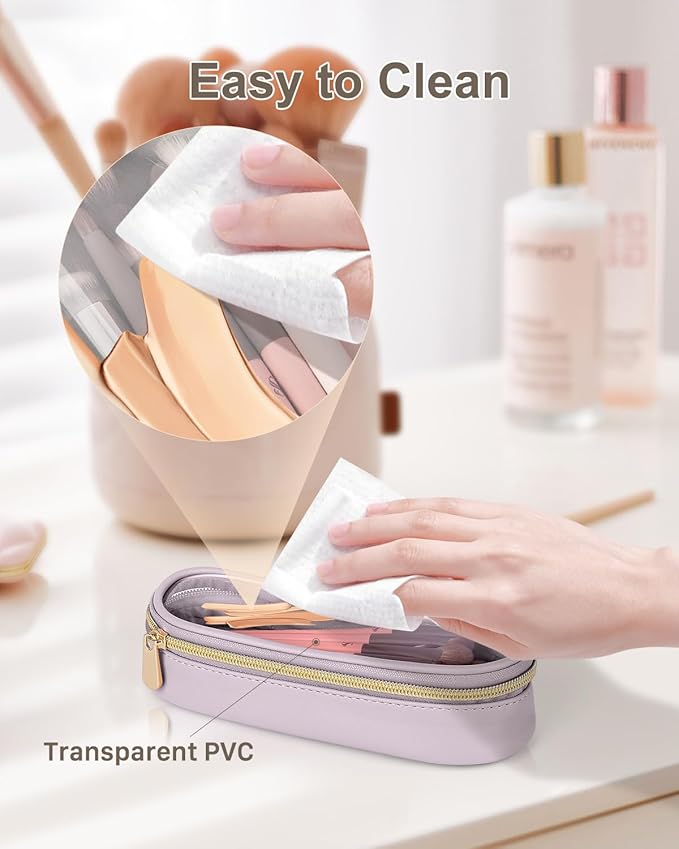 Soimeat Clear Travel Makeup Brush Holder, Leather Makeup Brush Toiletry Bag, Portable Cosmetic Brush Case, Transparent Waterproof Makeup Brush Storage Bag, Purple