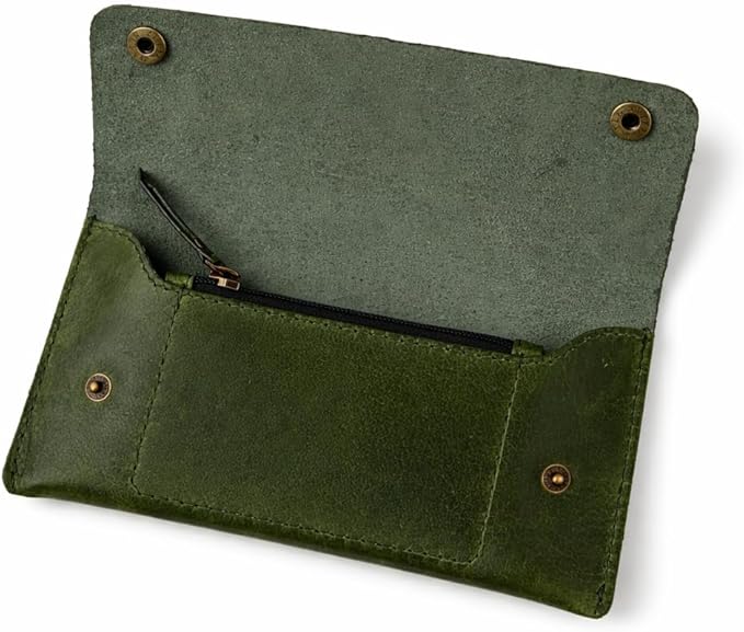Leather Currency Pouch - Handmade Cash Organizer with Double Button Closure & Zipper Pocket, Compact Money Holder for Travel & Everyday Use, 4 x 8 Inch (Green)