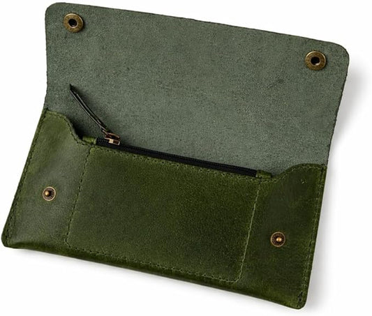 Leather Currency Pouch - Handmade Cash Organizer with Double Button Closure & Zipper Pocket, Compact Money Holder for Travel & Everyday Use, 4 x 8 Inch (Green)