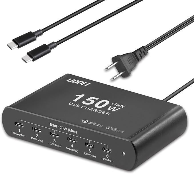 150W Charging Station for Multiple Devices, 6-Port GaN USB (100W Max) PD Fast Charger Block with USB-C to USB C 100W Cable for iPhone 16 15 iPad Pro Tablets Laptop MacBook Pro Dell and More