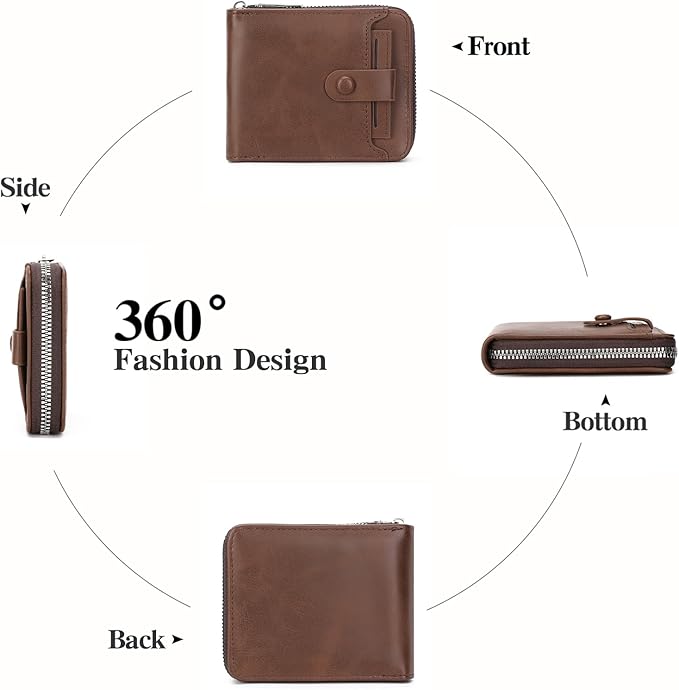 Zipper Wallet for Men Leather Bifold Pocket Wallets RFID Blocking Zip Coin Credit Card Wallets -Big Capacity For Travel