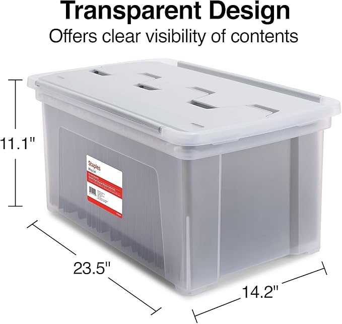STAPLES Hanging File Folder Box, Storage Bin Organizer, Wing Lid, Letter Size Documents, Gray/Clear