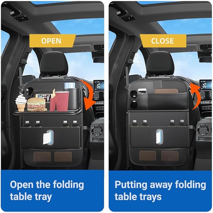 1 Pack Backseat Car Organizer, Large Capacity with Adjustable Foldable Table Tray, Waterproof PU Leather Back Seat Storage with Touch Screen Tablet Holder, Car Travel Essentials, Obsidian Black