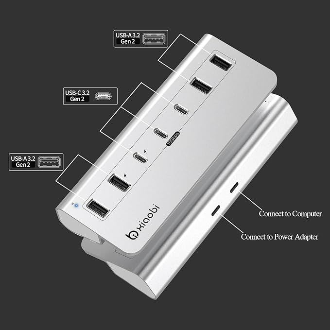 USB C Hub,Powered USB Hub with 5V 3A Power Adapter, 10Gbps USB Splitter with 4 USB-A and 3 USB-C Ports, 7-Port Type C Multiport Adapter for MacBook Air/Pro, iPhone 16/15, Laptop and More(Silver)