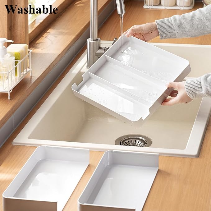 Shallow Drawer Organizer (1.57" H), Modular Expandable Desk Divider (Width 10.6"-17.9" OR Length 16.1"), Detachable Tray for Office Stationery, Makeup, Kitchen Utensils, White