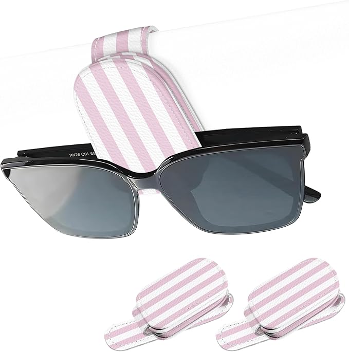 2 Pack Magnetic Leather Sunglass Holder, Universal Magnetic Car Eyeglass Hanger Clip for Different Size Eyeglasses, Car Visor Accessories (Pink Stripes)