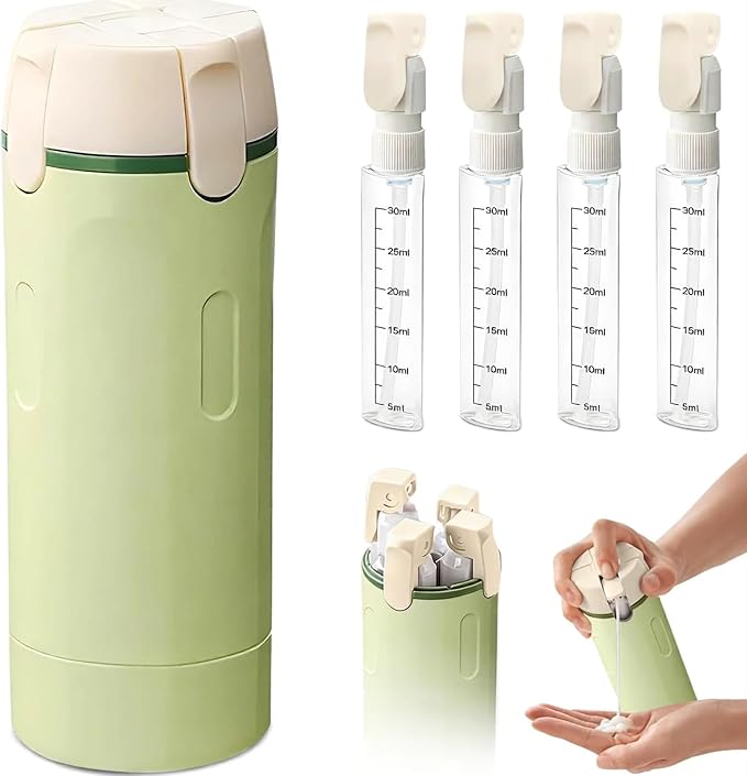 4 in 1 Travel Dispenser Bottle Leak Proof Refillable Travel Bottles Pump Shampoo Conditioner Lotion Cosmetic Containers Portable Set 4 Pack 30ml Air Travel Business Trip Essentials (Green)