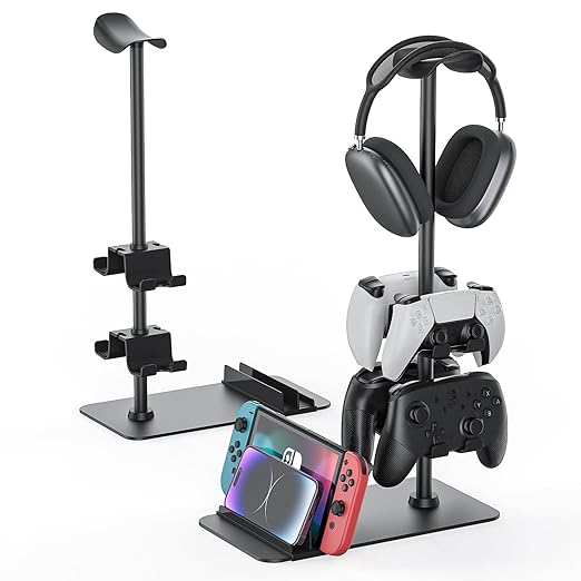 MANMUVIMO Headset Stand Controller Holder for 1 Headset and 4 Controller, Headphone Game Controller Stand for Desk, Gamer Gifts, Organizer Rack for iPad/Mobile Phone, Gaming Room Accessories