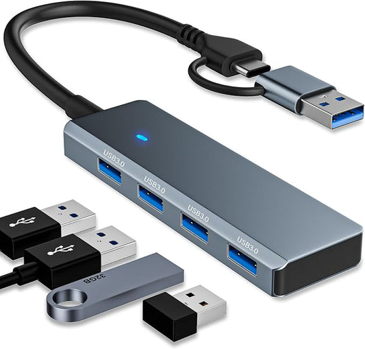 USB 3.0 Hub 4 Ports 5Gbps, Dual USB-A/C Aluminum Splitter, Ultra-Slim Multiport Expander Adapter for iPhone 17/16/15,MacBook,iPad,Laptop,PC,Desktop,HDD, Keyboard, Mouse, Xbox, PS5,Android