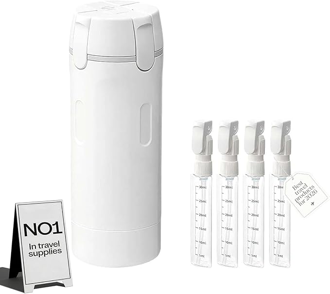 4 in 1 Travel Dispenser Bottle for Flying Essentials Camping Toiletries Pump Leak Proof Size Portable Containers for Shampoo Lotion Creams Body Wash Conditioner Refillable Attached Label (White)
