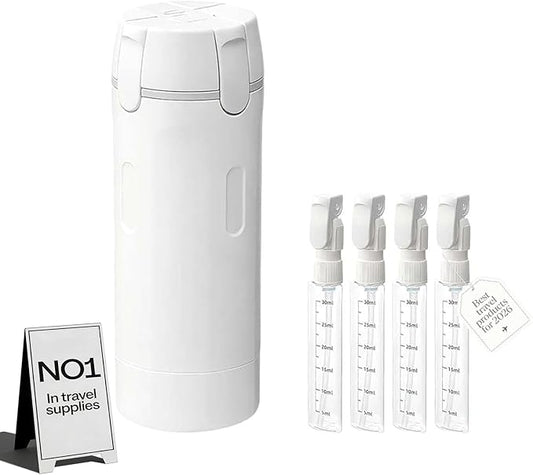 4 in 1 Travel Dispenser Bottle for Flying Essentials Camping Toiletries Pump Leak Proof Size Portable Containers for Shampoo Lotion Creams Body Wash Conditioner Refillable Attached Label (White)