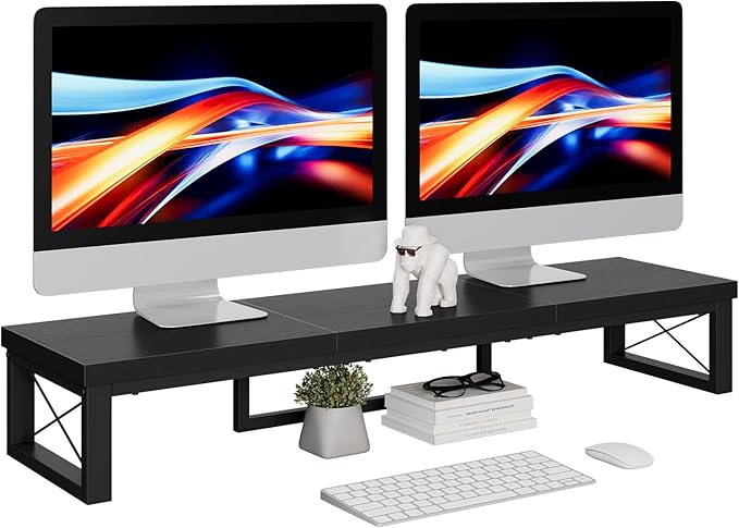 IBUYKE Large Dual Monitor Stand Riser for 2 Monitors, Wooden Desktop Computer Monitor Stand Storage Shelf and Steel Legs,Dual Screen Office Desk,Monitor Riser for Computer, Printer,Laptop,TV,Black UTDJ002B