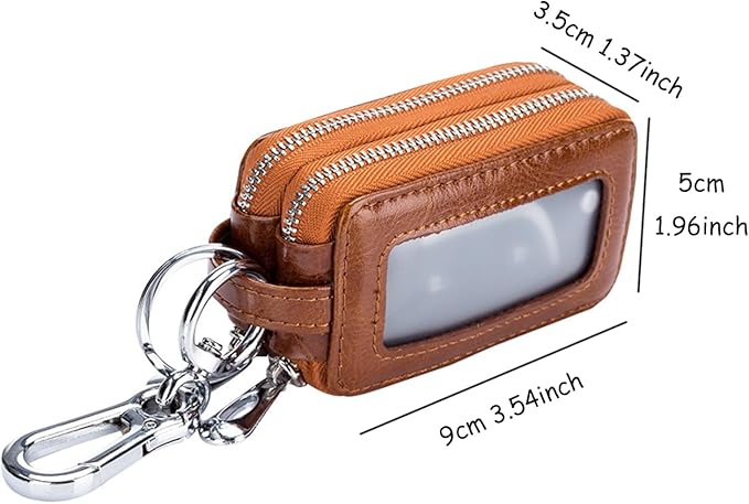 Car Key Chain Bag Double Zipper Leather Protection Key Coin Holder Keyring with Transparent Window