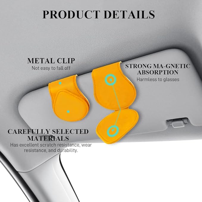 Magnetic Sunglass Holder for Car Visor, Sunglasses Visor Clip, Magnetic Leather Vehicle Glasses Ticket Card Clip, Automotive Eyeglass Hanger Organizer Accessories for Most Vehicles (Yellow)