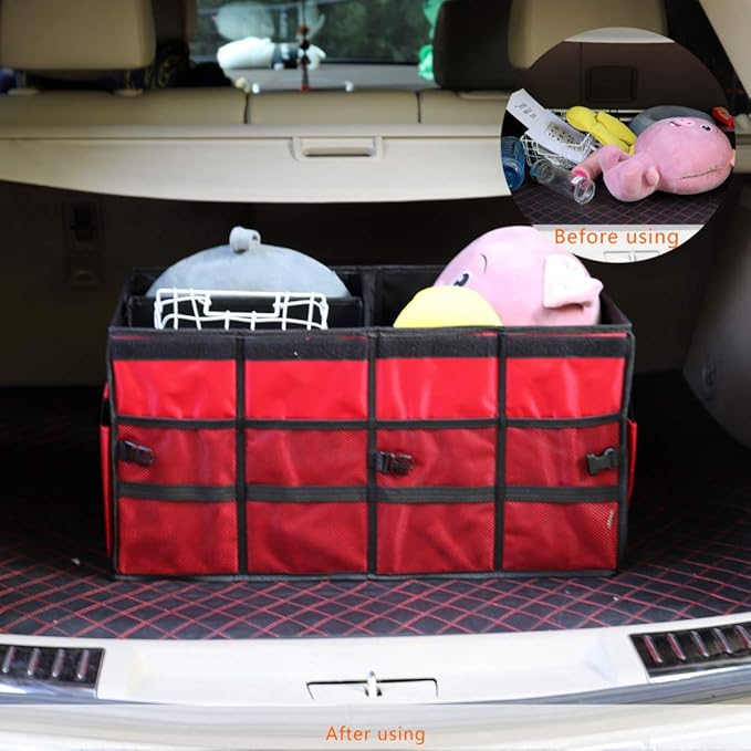 Car Trunk Organizer Collapsible Portable Multi Compartments Organizer with Non Slip Straps for SUV Truck Auto Vehicle Car Auto Minivan (Large without cover, Red)