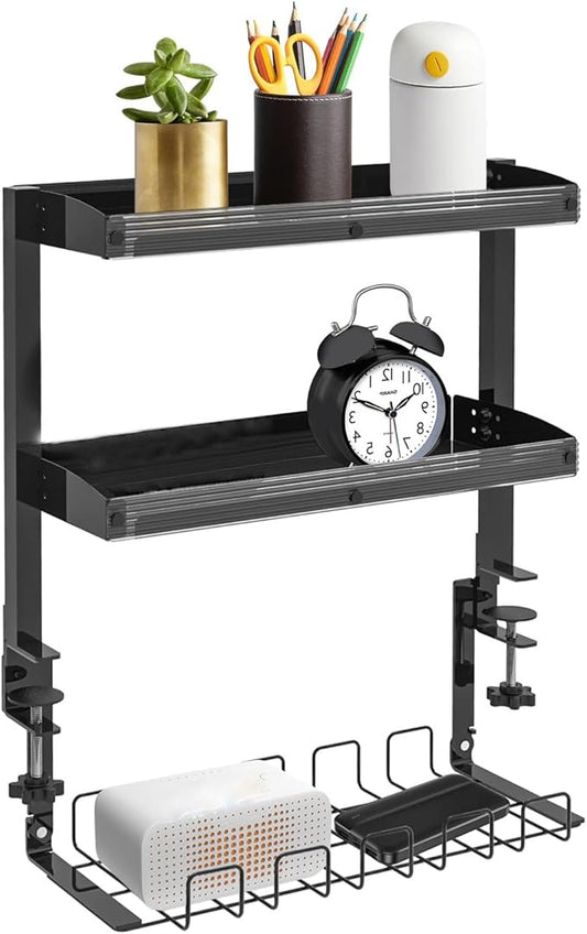 Clip-on Desktop or Under-Desk 2-Tier Shelving Unit, Clamp-on Desk Organizer Shelf with Adjustable Storage Tray Computer Table Organizer for Office Desk