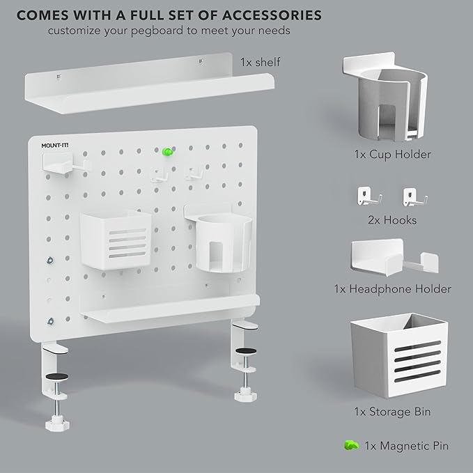 Mount-It! Clamp-On Pegboard Organizer | Adaptable Desk Storage for Home Office, Gaming & Crafting | Easily Organize Essentials with Shelf, Cup Holder & Hooks (White)
