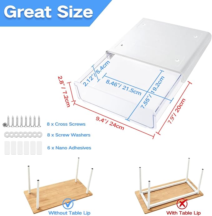 OSPNIEEK Self-adhesive Under Desk Drawer Organizer, 2 Pack Table Hidden Slide Out Large Storage Mounted Desktop Pencil Holder Tray Drawers for Office Home School Stationery Kitchen (Large, White)