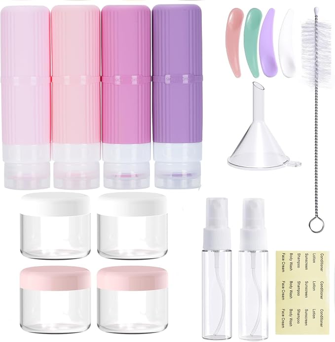 18 packs of toiletries travel bottles, TSA Approval silicone travel containers, leak proof refillable shampoo and conditioner are essential for travel, fitness, business trips, office use(pink)