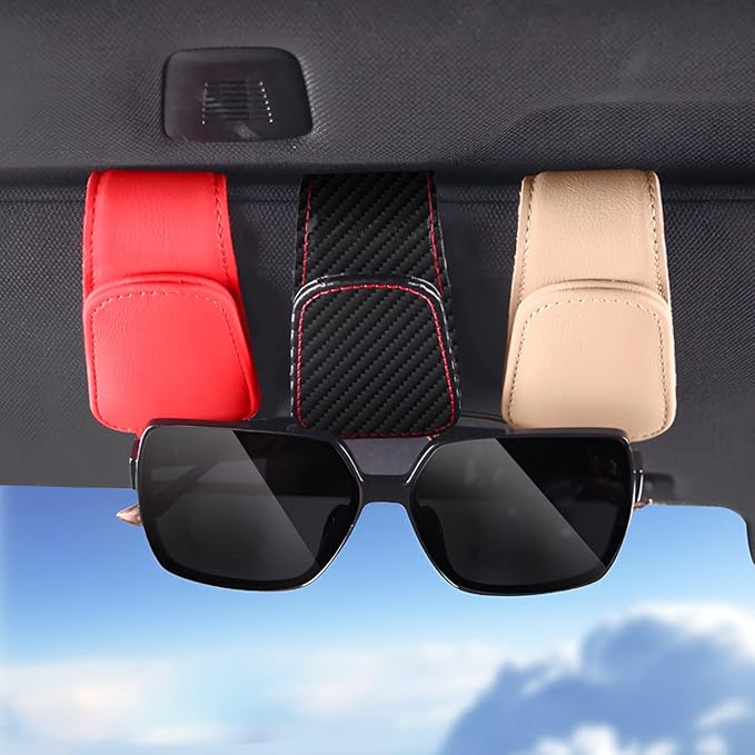 zipelo Sunglasses Holder for Car Sun Visor, 2 PCS Magnetic Leather Eyeglass Hanger, Sun Glasses Mount Clip on Visors, Ticket Card Cash Organizer, Auto Interior Accessories (Gray)