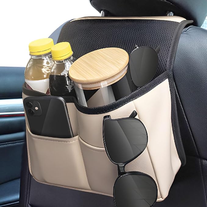 Car Back Seat Organizer, Waterproof PU Leather Car Hanging Storage Bag, Multipurpose Front & Backseat Car Seat Storage Organizer, Universal Interior Car Accessories for Most Vehicles (Beige)