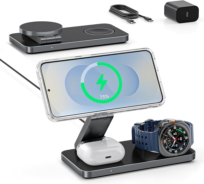 3-in-1 Charging Station for Samsung, Magnetic Fast Wireless Charger Stand Compatible with MagSafe for Galaxy S26/S25/S24/S23/Z Fold/Flip Series, Galaxy Watch Ultra/8/7/6/5, Galaxy Buds Pro/4/3/2