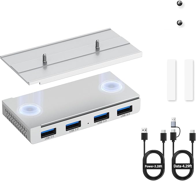 EJAY 4-Port Magnetic USB 3.0 Hub with 5Gbps Speed, Aluminum USB Adapter for MacBook/Laptop/Desktop, Industrial-Strength Magnetic Mount, 3-Way Installation, 59"+39" Cables, Silver
