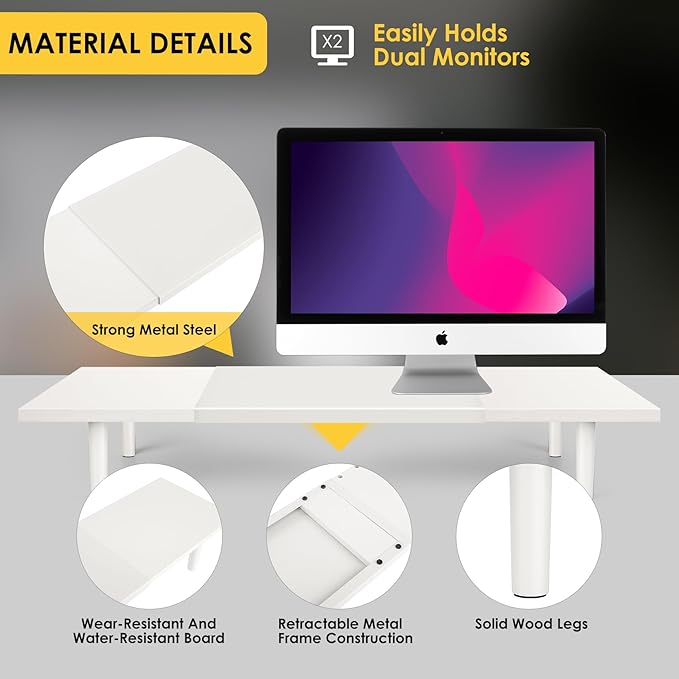 Dual-Monitor-Stand-Riser-For-Desk Adjustable Length 32-40 Inch，Large Desktop Computer Monitor Riser For 2 Screens，Desk Shelf Organizer Riser Stand For Computer/Laptop/PC/Printer/TV Black