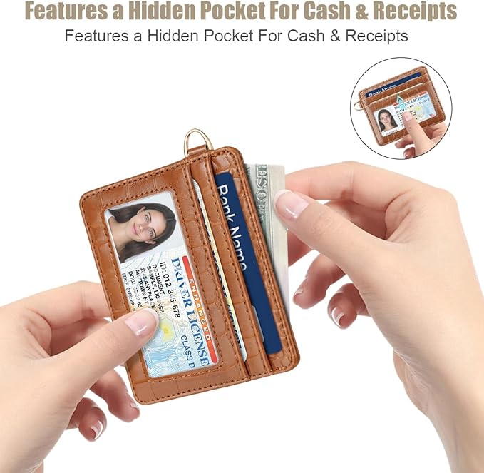 Slim Credit Card Holder Crocodile Wallet Women Thin Alligator Wallets RFID Blocking Minimalist Lightweight Small Cute Cards Holders with ID Window, Brown