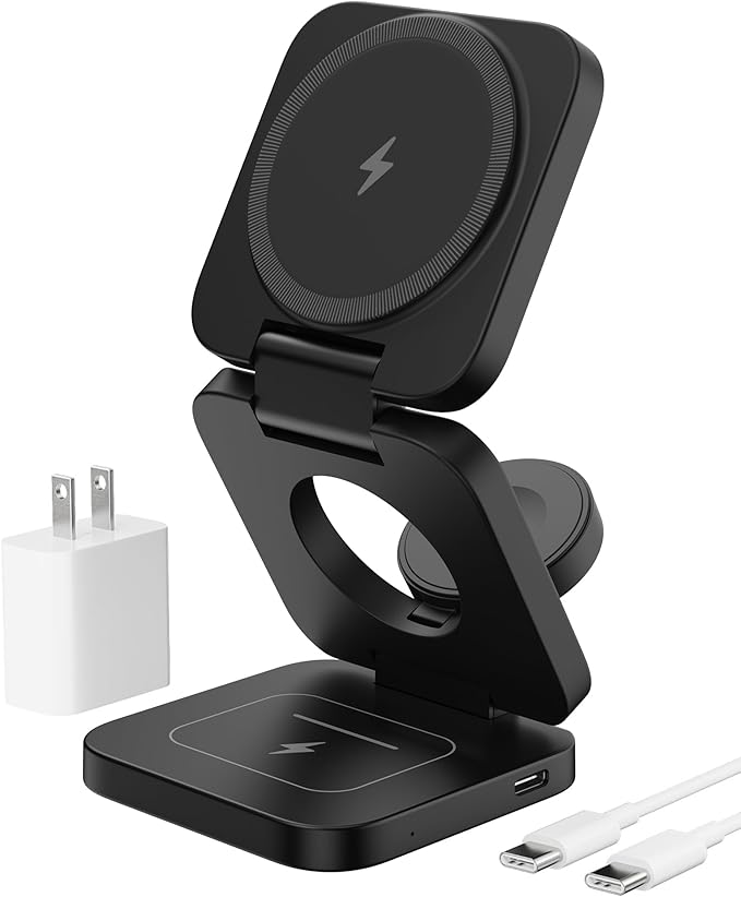 KU XIU X55 Foldable 3 in 1 Charging Station for Apple Devices, 15W Fast Magnetic Wireless Charger, Magent Travel Charger Stand for iPhone 16 15 14 13 12 Series, 5W for Apple Watch, AirPods-Black