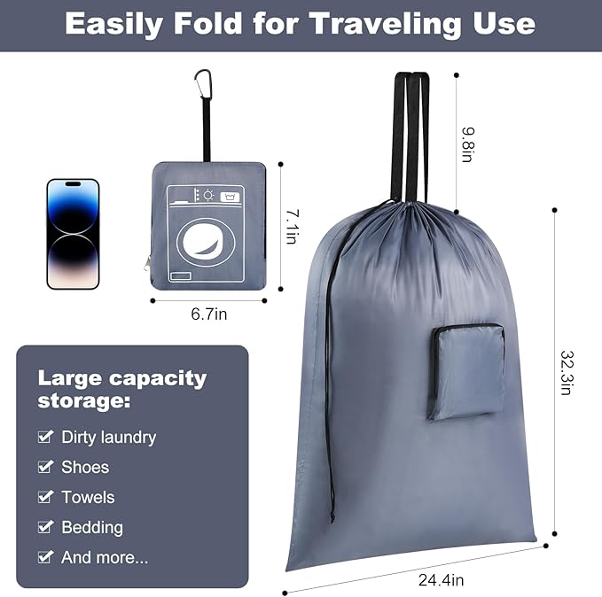 Extra Large Heavy Duty Laundry Bag - 24" x 33", Travel Laundry Bag With Handles for Dirty Clothes