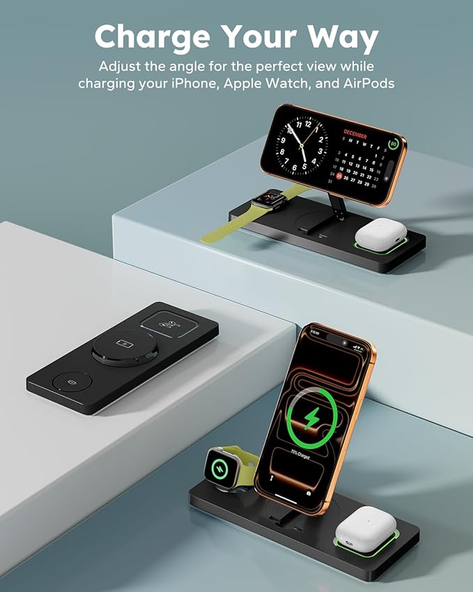 Foldable 3 in 1 Charging Station for Magsafe, Magnetic Phone and Watch Charger Stand for Apple Devices, Wireless Desk Charger Dock for iPhone 17 16 15 14 13 12 Series, Apple Watch and Airpods
