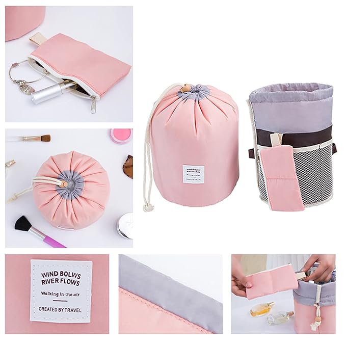 INVODA Drawstring Cosmetic Bag Travel Makeup Bag for Women Toiletry Bag Portable Drawstring Make up Organizer Bag for Travel (Pink)