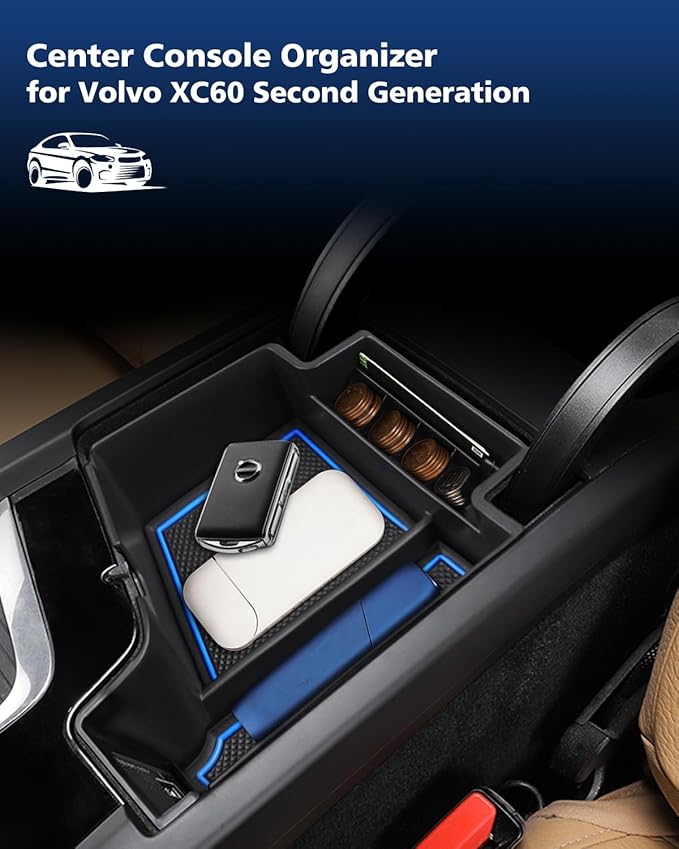 FIILINES Center Console Organizer for Volvo XC60 2018-2025, XC90 2021-2025, S90 S60 (2020-2025) V60 V90, Center Console Tray Secondary Armrest Storage Box ABS Insert Container with Anti-Slip Mats