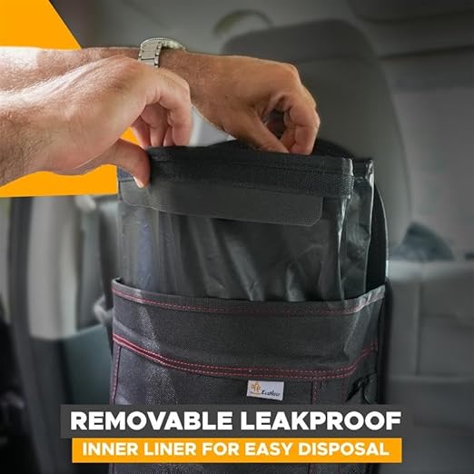 EcoNour Car Trash Can 2.5 Gallon with Lid & Storage Pockets | Waterproof Hanging Garbage Bin with Removable Inner Bag | Automotive Accessories for SUVs, Trucks & More | Black