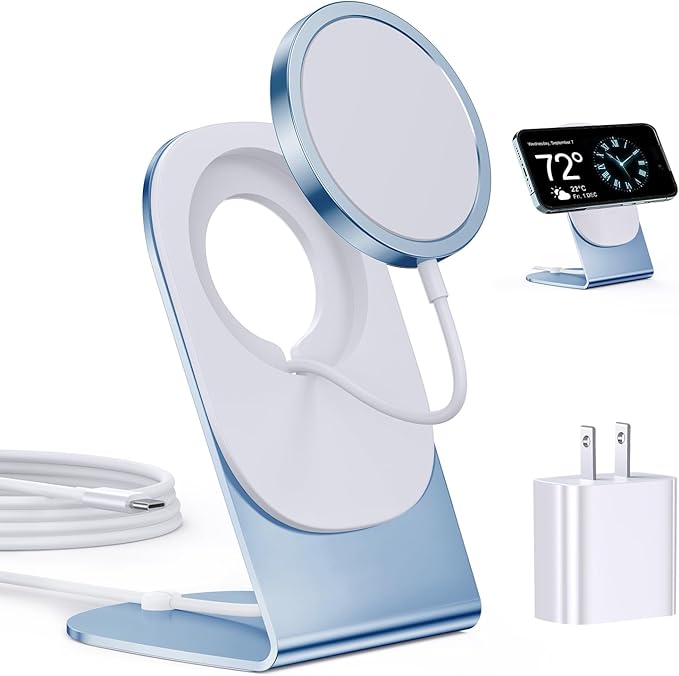 Magnetic Wireless Charger Mag-Safe Charger for iPhone 15/14/13/12 Series Convertible Magnet Wireless Charging Stand/Pad with 20W Adapter 5ft Cable for iPhone and AirPods 2/3/Pro 2/Pro（Blue）