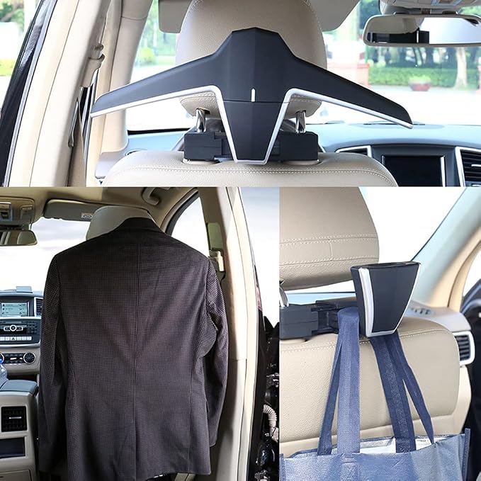 Car Back Seat Headrest Hanger 2 Car Hooks for Coat, Jacket, Suit, Clothes, Purse, Handbag, Grocery Bags - Multi-Purpose Storage Holder for Automobile - Black