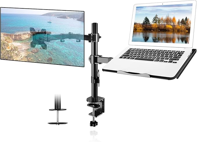 Suptek Monitor and Laptop Mount Holds 13-32 inch Computer Screen, Adjustable Monitor Arm Stand with Laptop Tray for 13-27 inch, Hold 22 lbs, with Clamp and Grommet Mounting Base